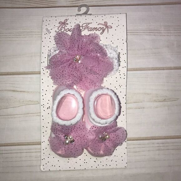 NEW! Bow Fancy Pink Headband & Booties 0-6 - Picture 1 of 4